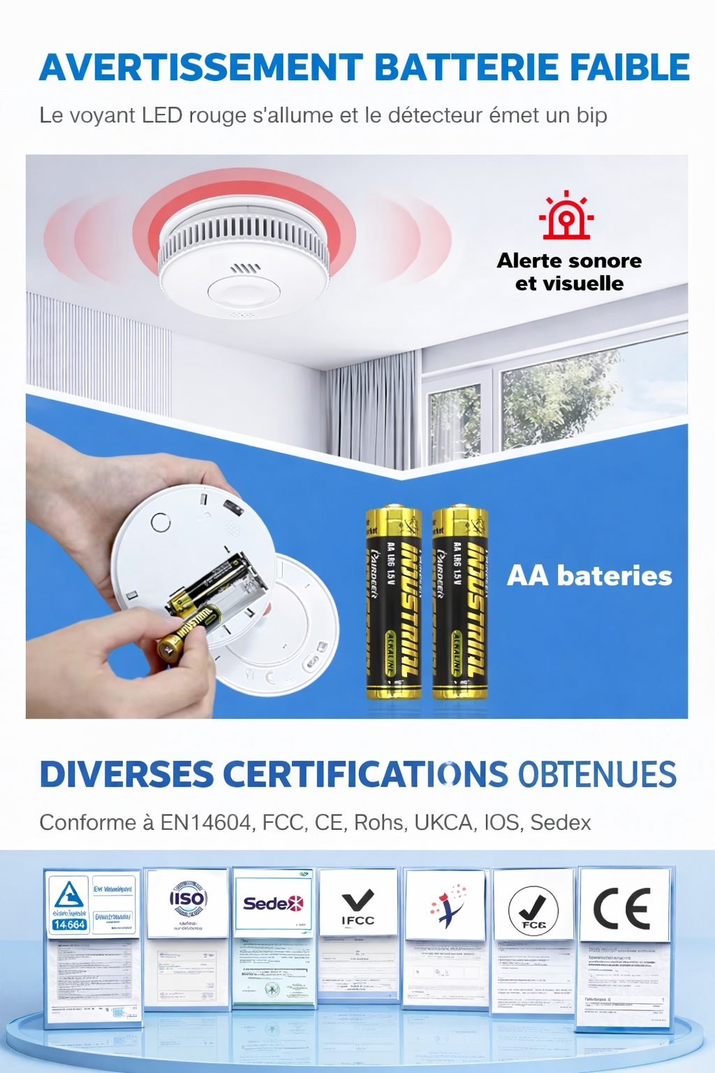 Détecteur de fumée photoélectrique intelligent sans fil portable avec batterie 3V WIFI, alarme incendie avec WIFI - supermarchand