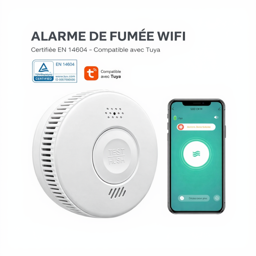 Détecteur de fumée photoélectrique intelligent sans fil portable avec batterie 3V WIFI, alarme incendie avec WIFI - supermarchand