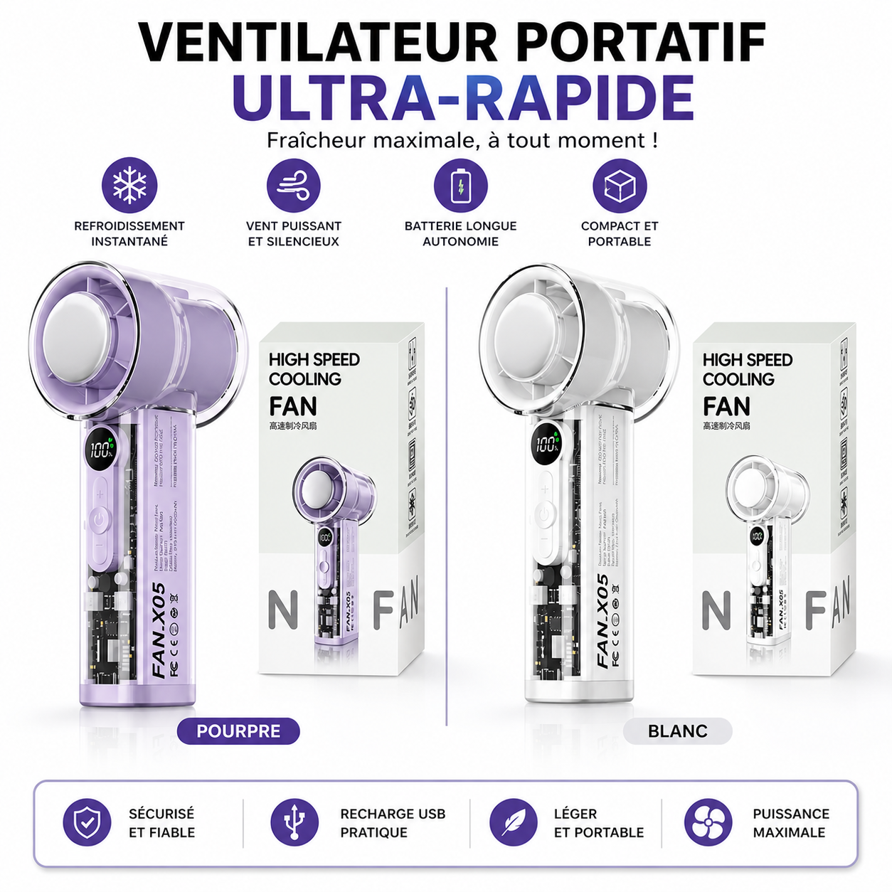Ventilateur portable transparent à LED rechargeable, haute vitesse, puissant, mini-refroidisseur USB, ODM/OEM disponible - supermarchand