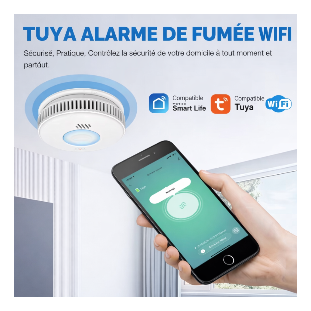 Détecteur de fumée photoélectrique intelligent sans fil portable avec batterie 3V WIFI, alarme incendie avec WIFI - supermarchand